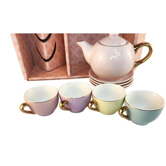 FAO Schwarz Hand-Glazed Ceramic Childs Tea Party Set - 10pc Pastel colors. - Picture 6 of 14